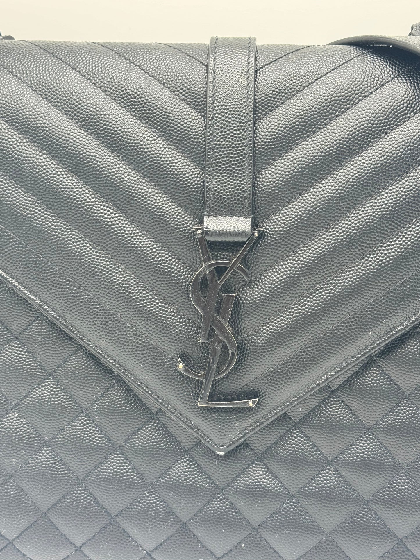 Saint Laurent Grain De Poudre Textured Mixed Matelasse Large Triquilt Monogram Monochrome Satchel Black