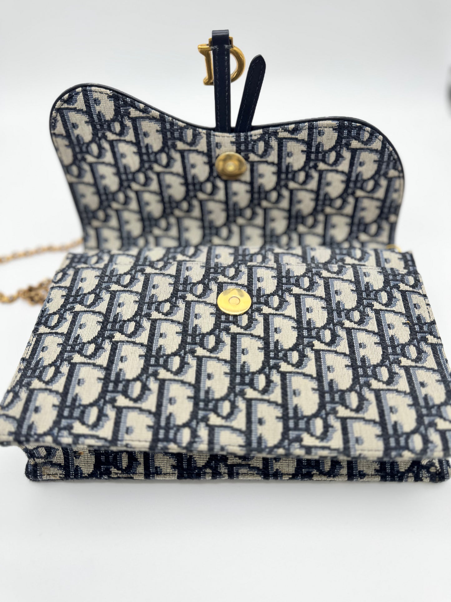 Dior Medium Saddle Pouch with Chain Blue Dior Oblique Jacquard