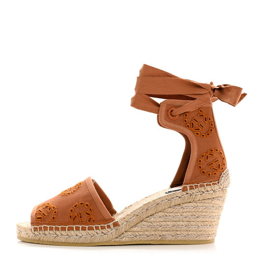 Gucci Canvas Damita GG Eyelet Espadrille Wedge Sandals Blondie Cognac