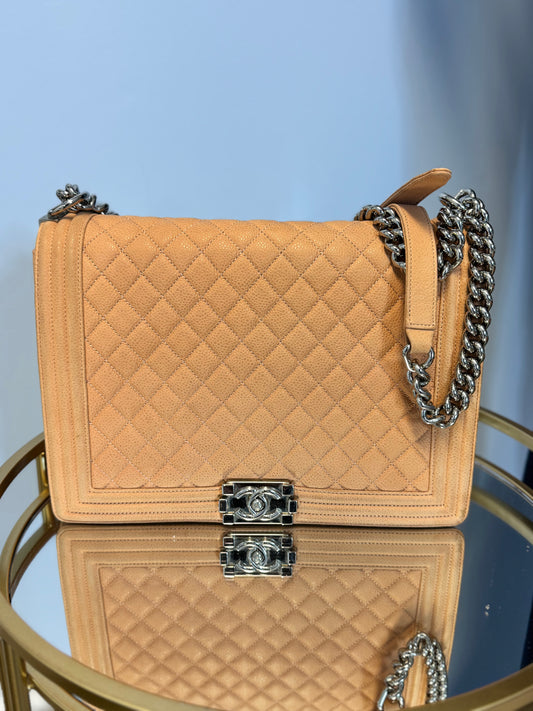 Chanel Caviar Large Neutral Boy Bag Silver Hardware