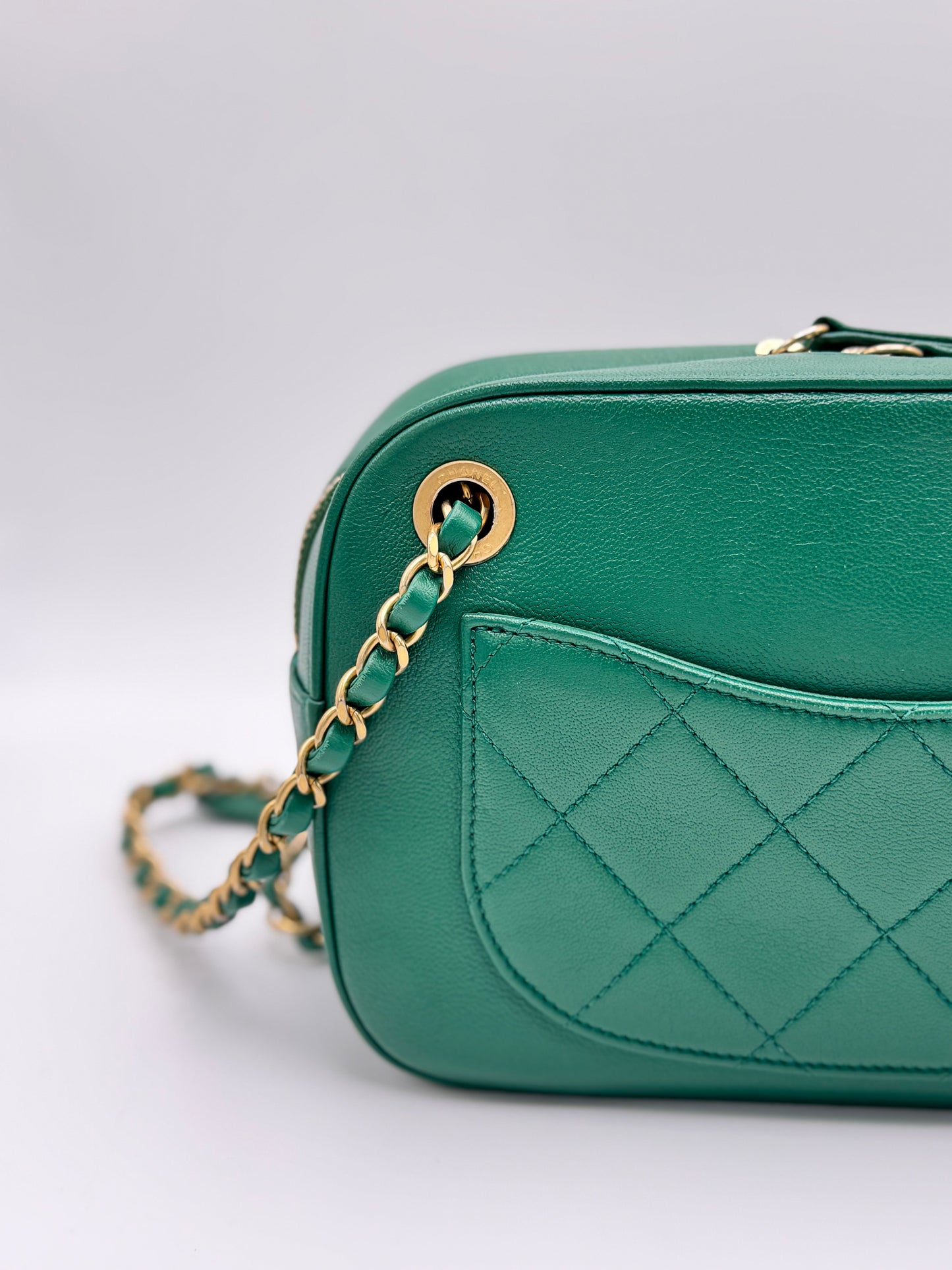 Chanel Goatskin Quilted Chain Infinity Camera Case Green