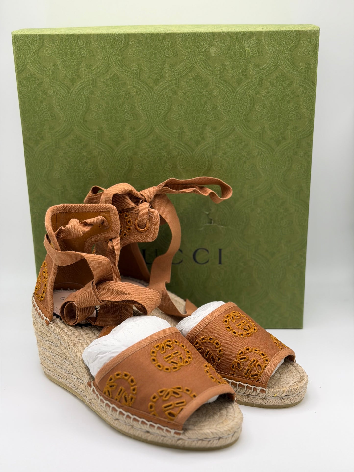 Gucci Canvas Damita GG Eyelet Espadrille Wedge Sandals Blondie Cognac
