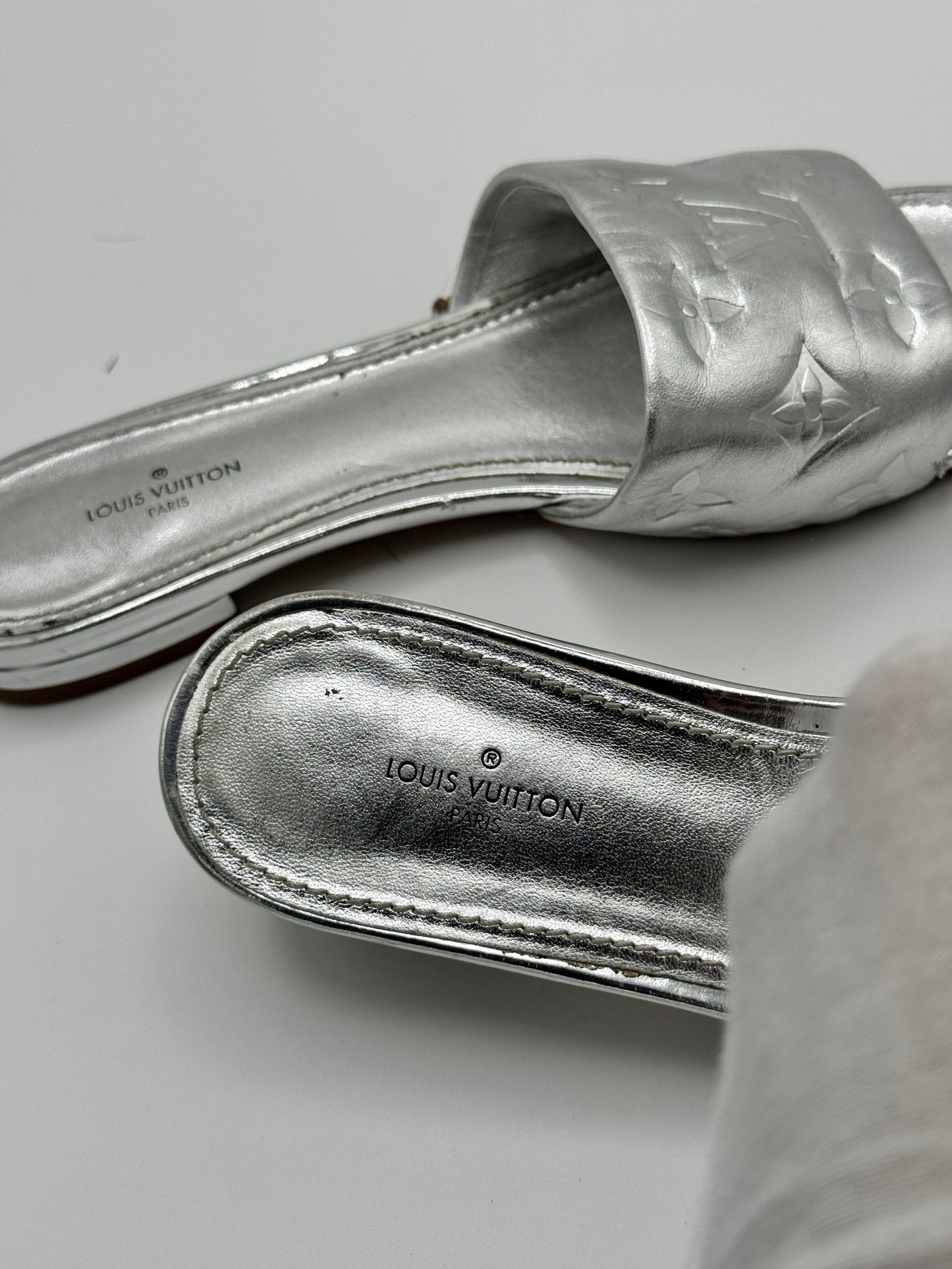 Louis Vuitton Silver Monogram Embossed Leather Revival Flat Slides 37.5