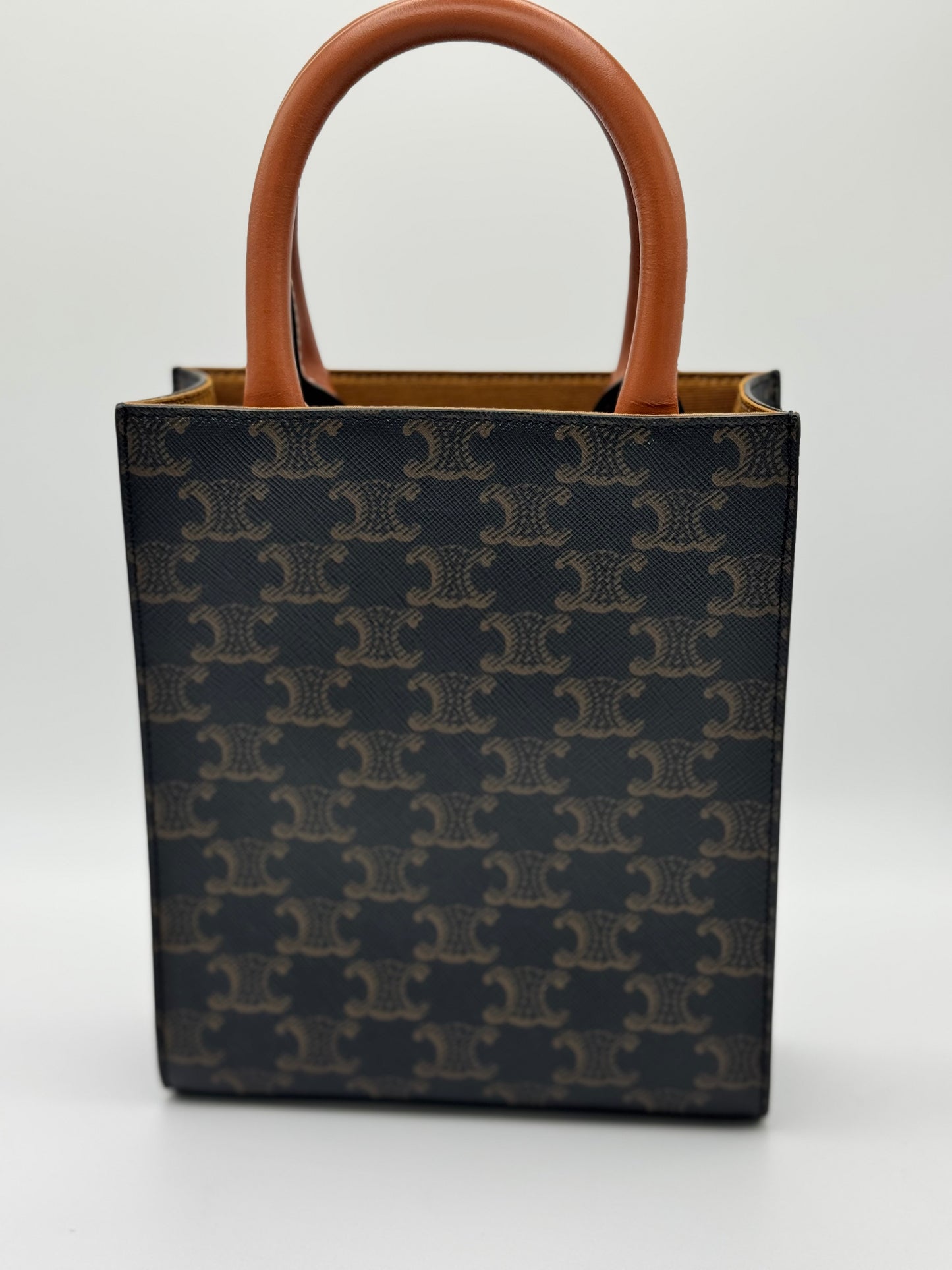 Celine Triomphe Canvas Calfskin Mini Vertical Cabas Tan