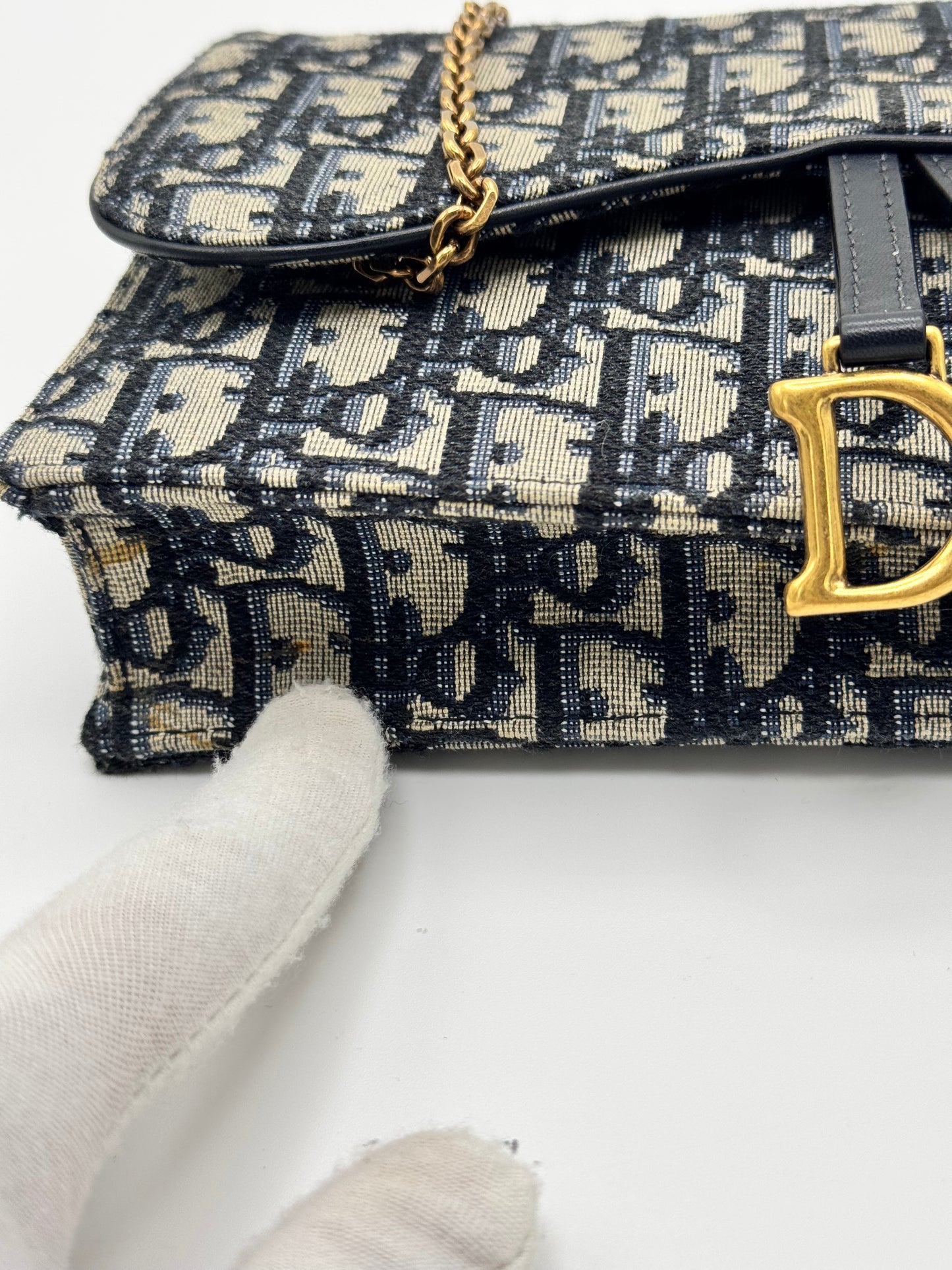Dior Medium Saddle Pouch with Chain Blue Dior Oblique Jacquard