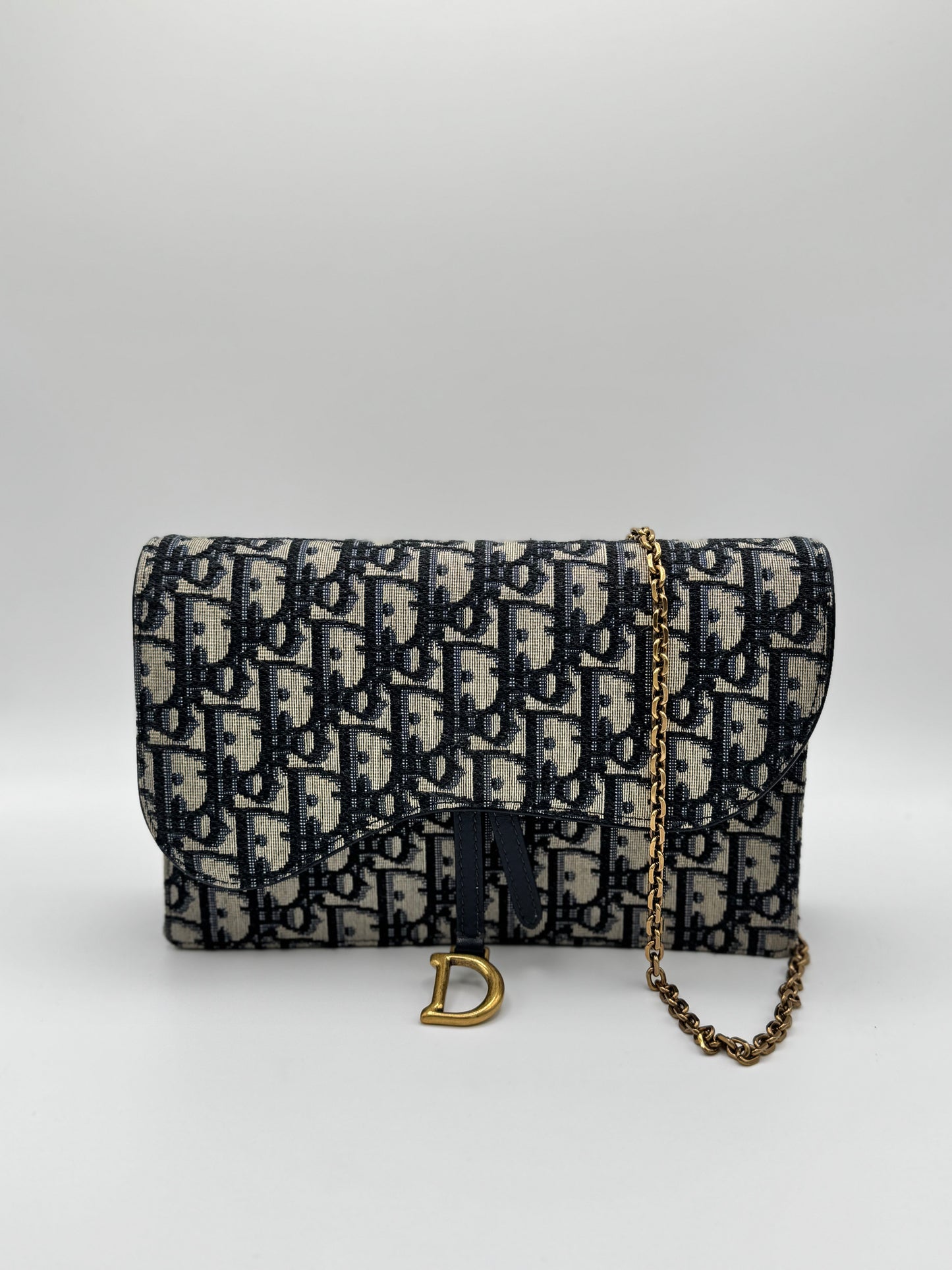 Dior Medium Saddle Pouch with Chain Blue Dior Oblique Jacquard
