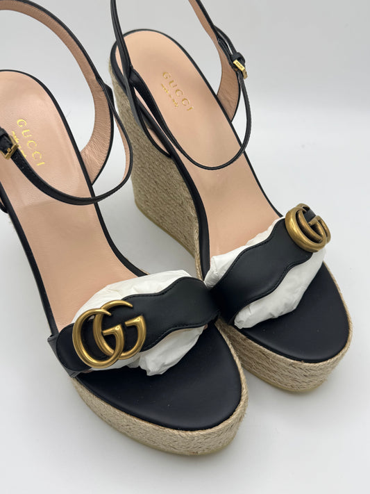 Gucci Black Leather Double G Wedge Espadrille 42