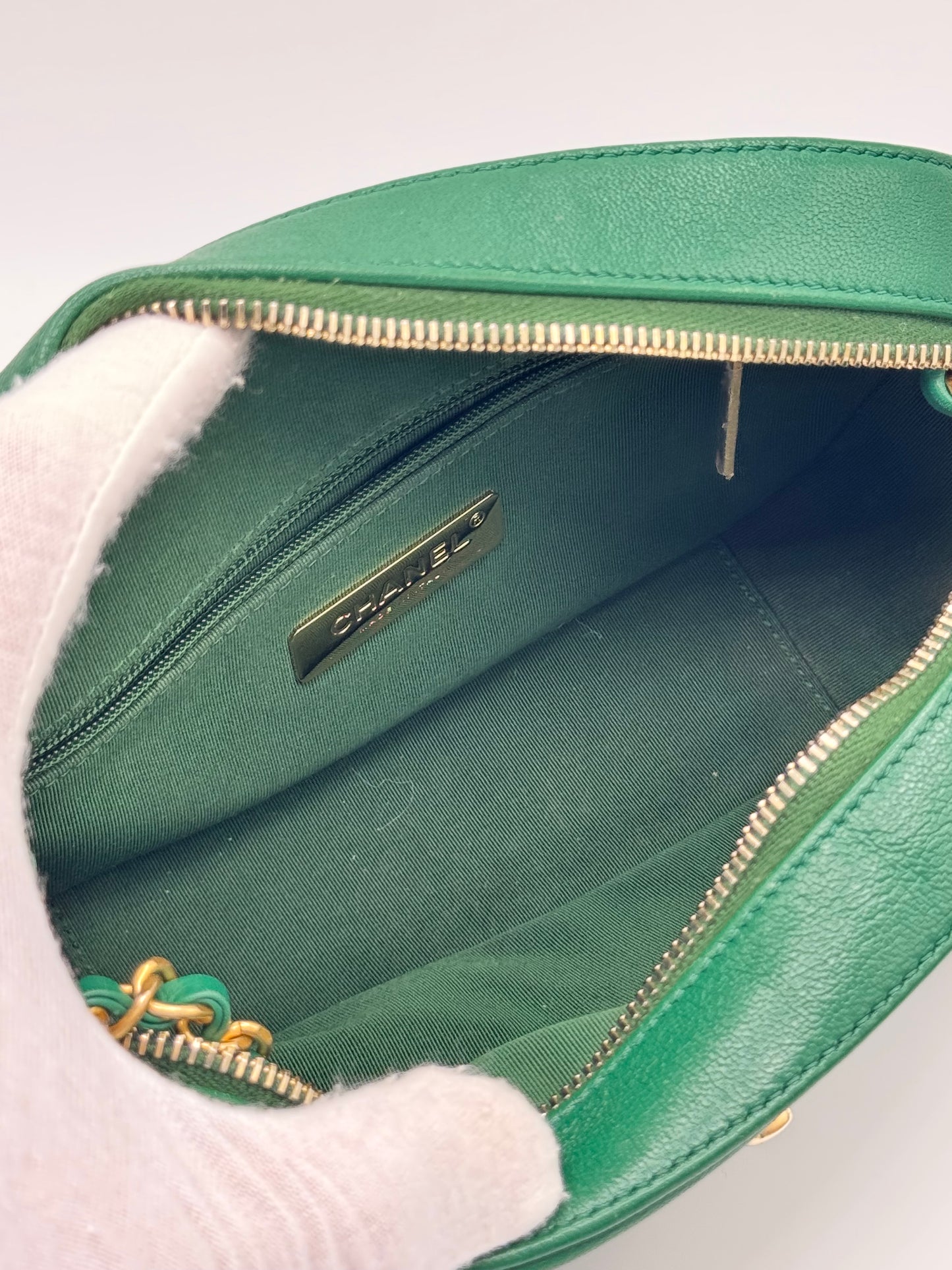 Chanel Goatskin Quilted Chain Infinity Camera Case Green