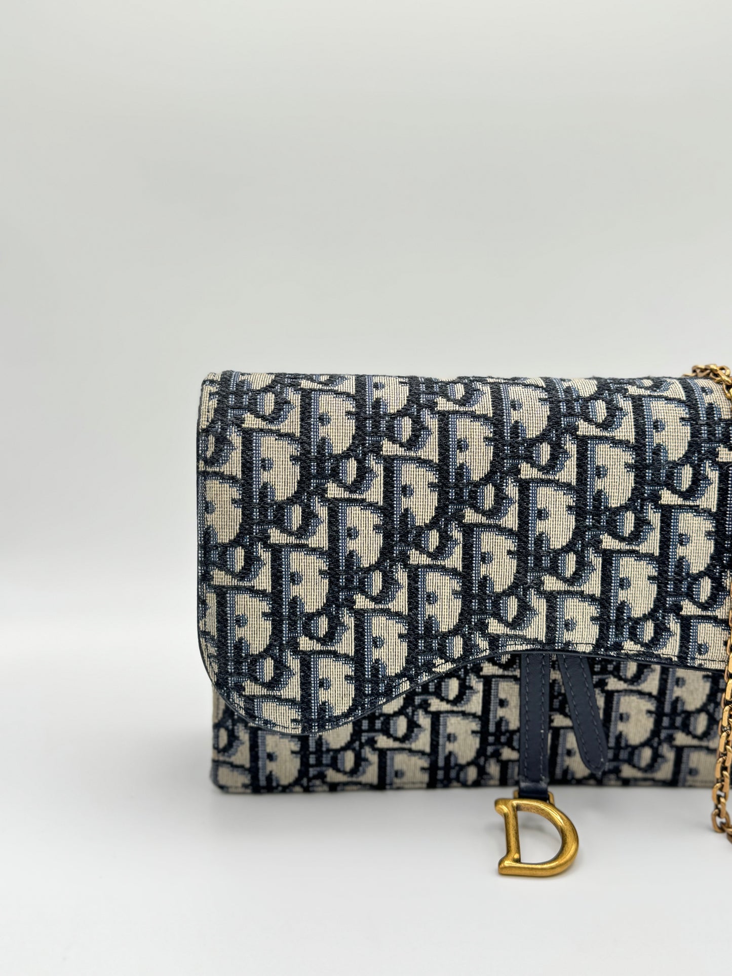 Dior Medium Saddle Pouch with Chain Blue Dior Oblique Jacquard