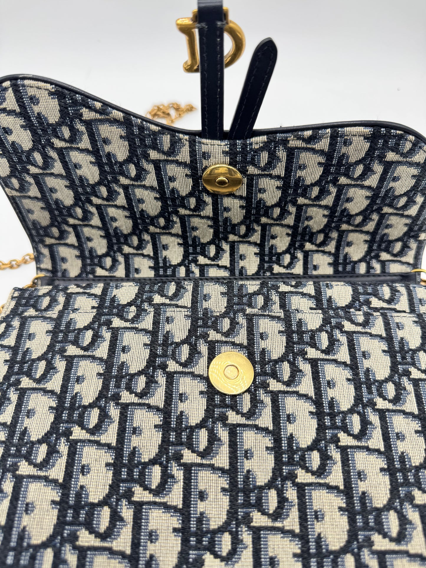 Dior Medium Saddle Pouch with Chain Blue Dior Oblique Jacquard