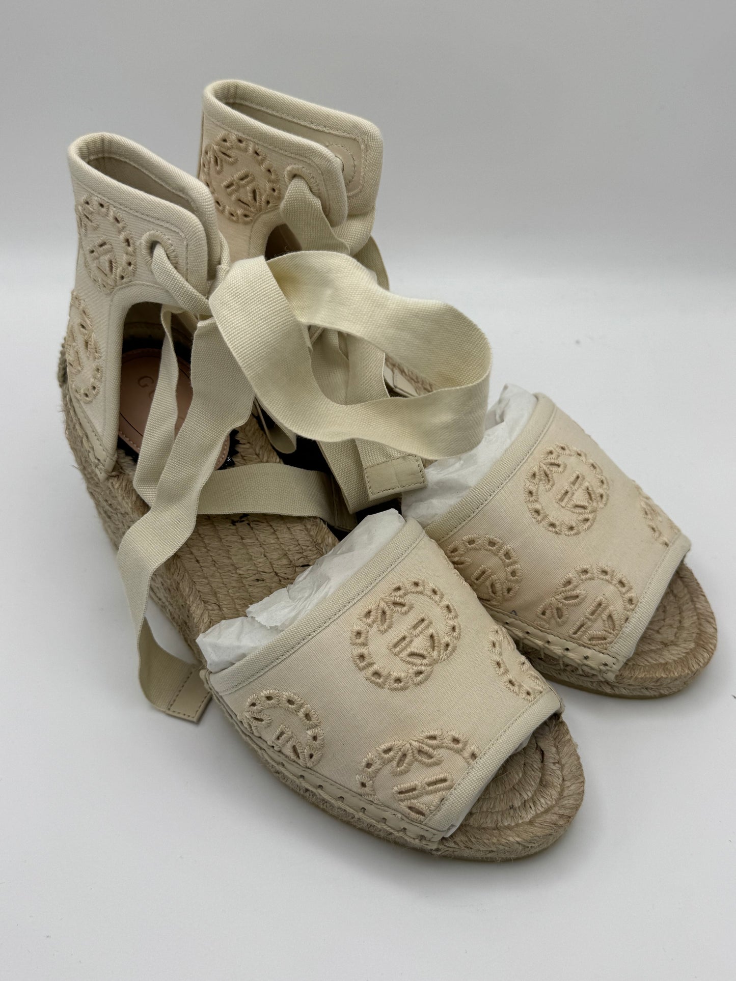 Gucci Interlocking G Platform Espadrilles in Ivory Canvas Ribbon Tie 36