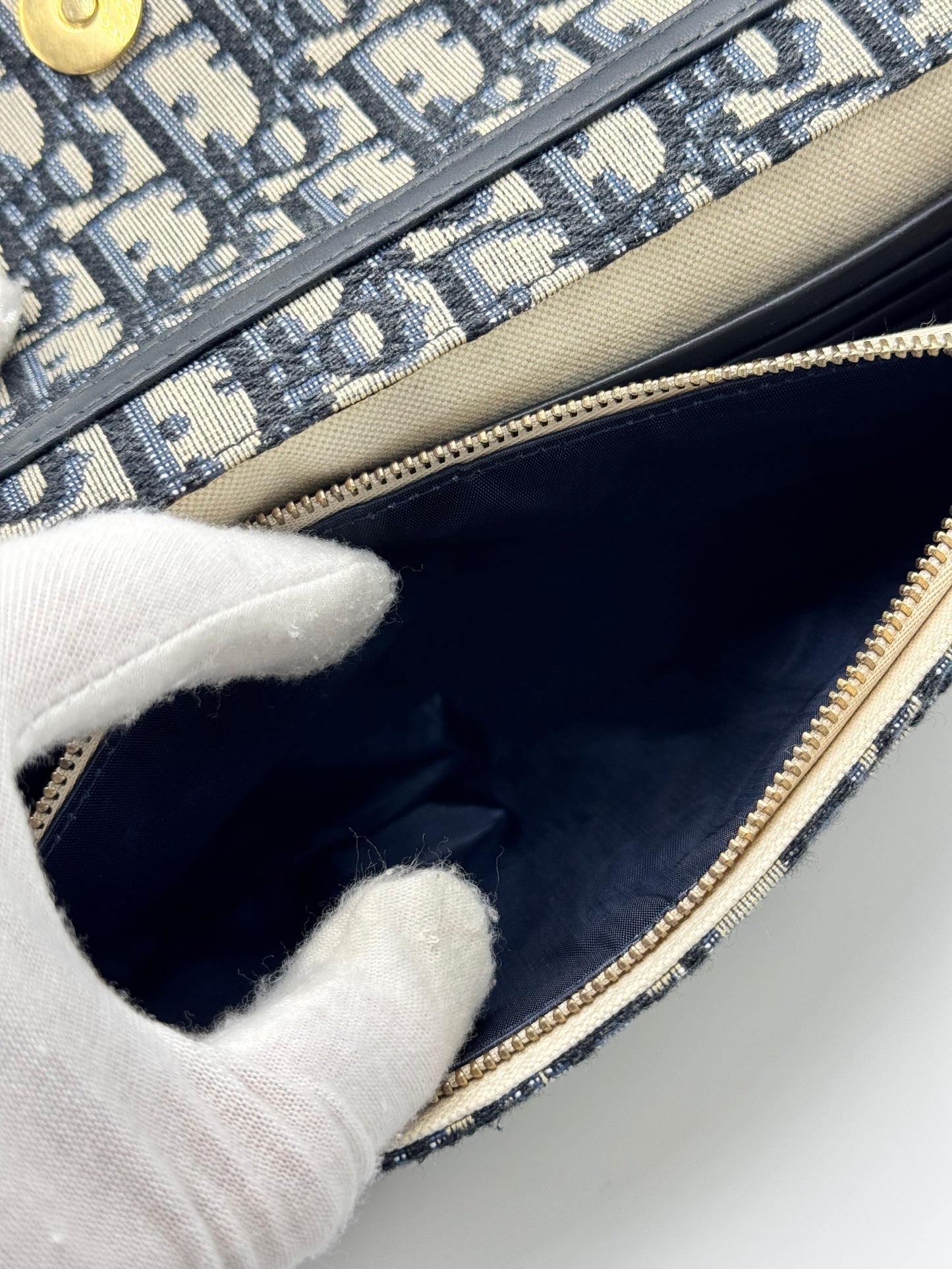 Dior Medium Saddle Pouch with Chain Blue Dior Oblique Jacquard