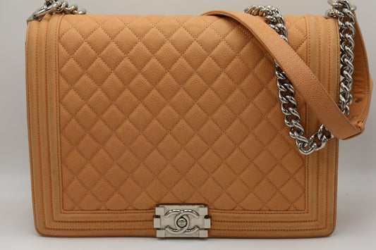 Chanel Caviar Large Neutral Boy Bag Silver Hardware