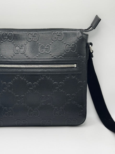 Gucci GG Embossed Small Flat Messenger Bag Black