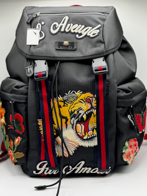 Gucci Techno Canvas Web L'Aveugle Par Amour Embroidered Double Buckle Backpack Black