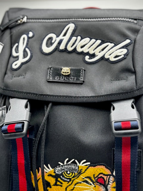 Gucci Techno Canvas Web L'Aveugle Par Amour Embroidered Double Buckle Backpack Black