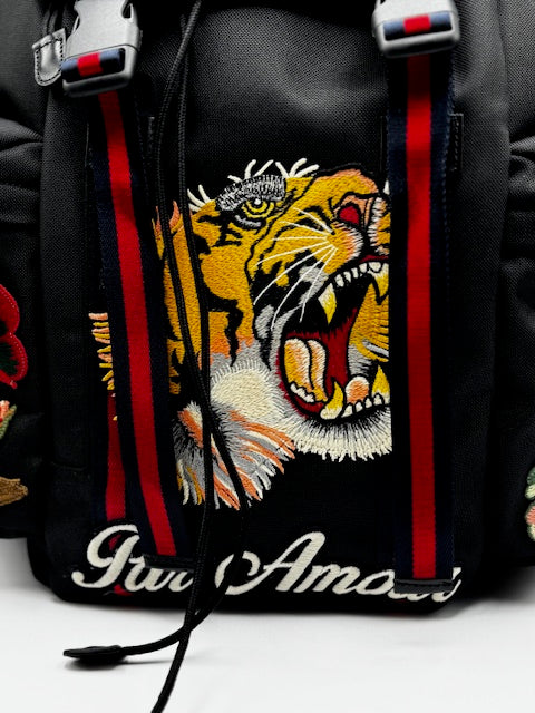 Gucci Techno Canvas Web L'Aveugle Par Amour Embroidered Double Buckle Backpack Black