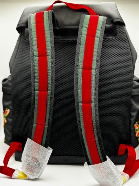Gucci Techno Canvas Web L'Aveugle Par Amour Embroidered Double Buckle Backpack Black