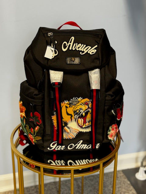 Gucci Techno Canvas Web L'Aveugle Par Amour Embroidered Double Buckle Backpack Black