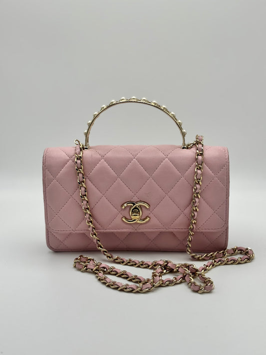 Chanel Lambskin Pearl Top Handle Wallet On Chain WOC Light Pink