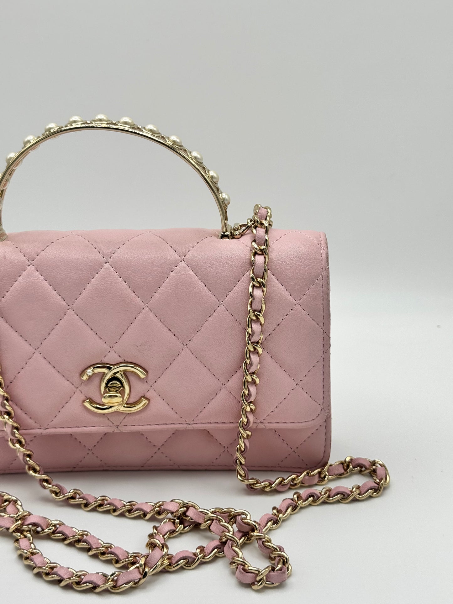 Chanel Lambskin Pearl Top Handle Wallet On Chain WOC Light Pink