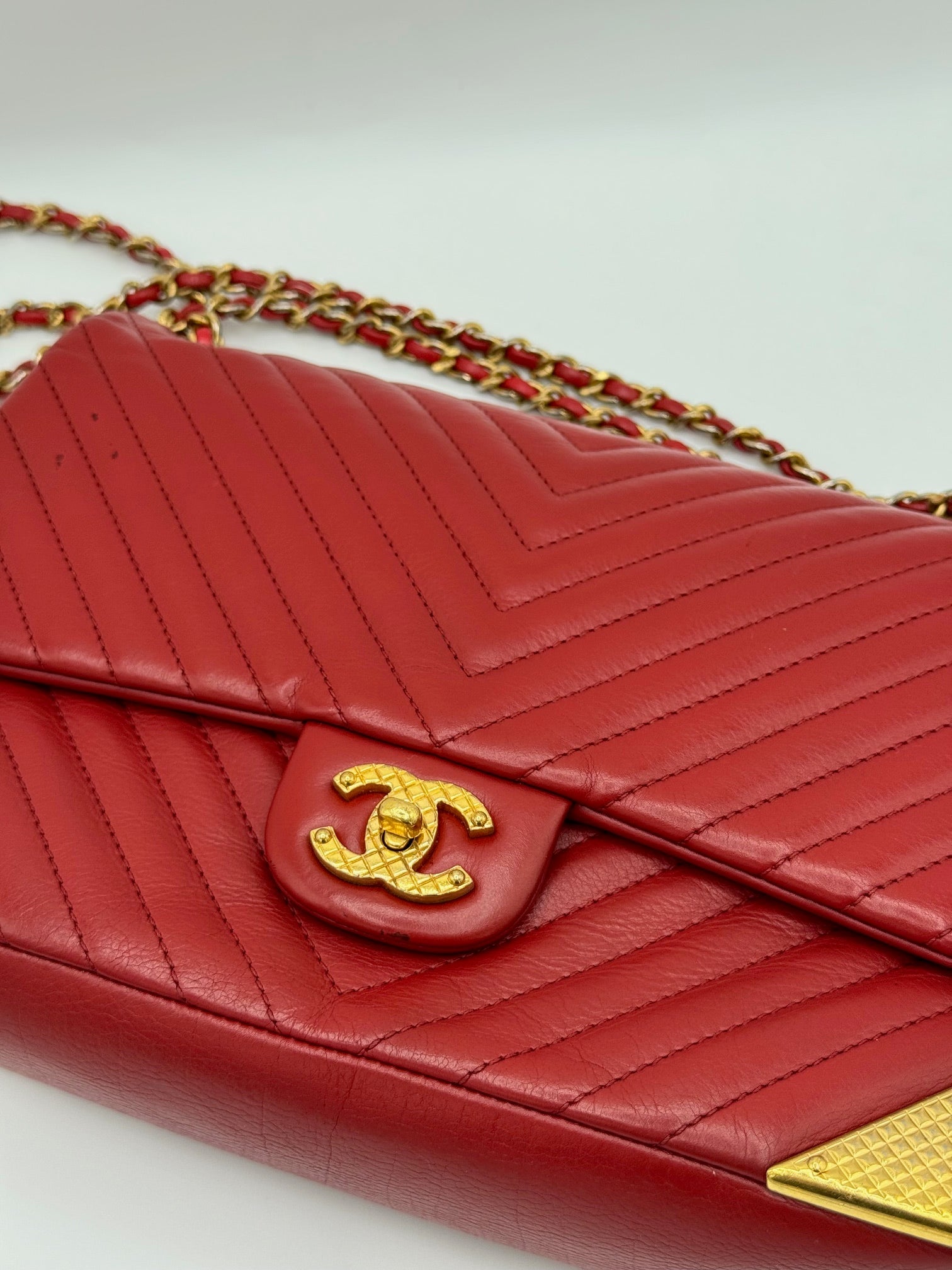 Chanel Lambskin Rock the Corner Chevron Flap Red Bag | Designerfindsforless