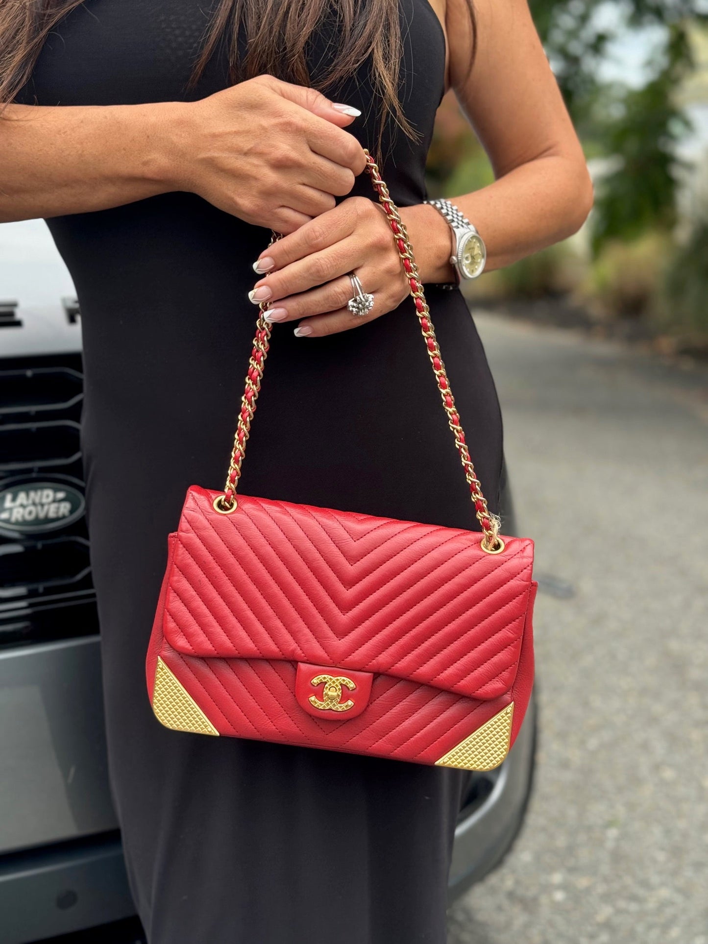 Chanel Lambskin Rock the Corner Chevron Flap Red Bag | Designerfindsforless