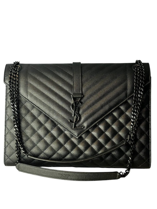 Saint Laurent Grain De Poudre Textured Mixed Matelasse Large Triquilt Monogram Monochrome Satchel Black