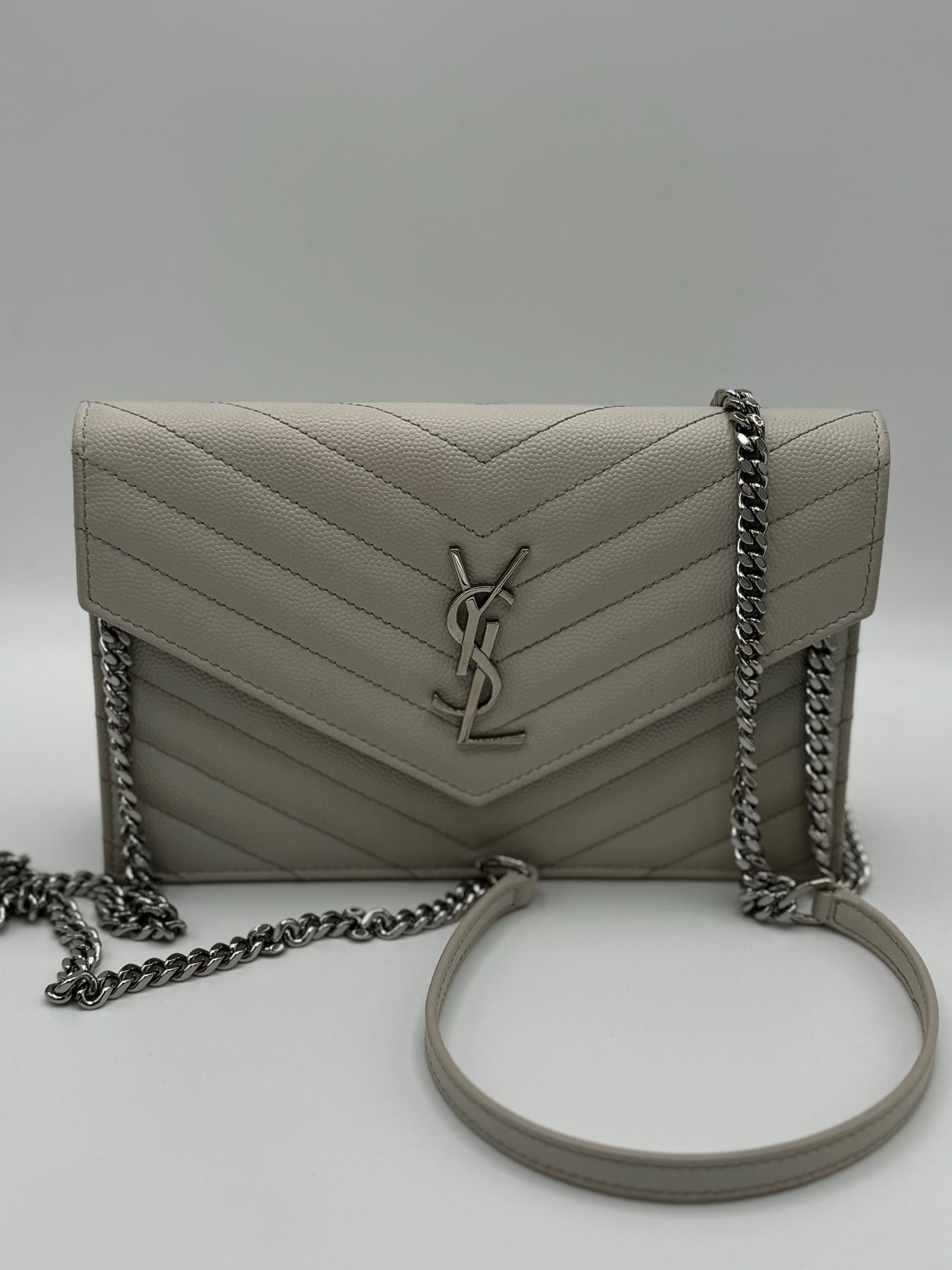 Saint Laurent  Grain De Poudre Matelasse Chevron Monogram Envelope Chain Wallet