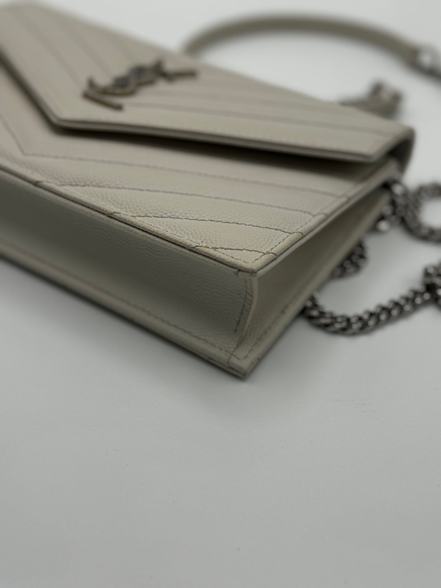 Saint Laurent  Grain De Poudre Matelasse Chevron Monogram Envelope Chain Wallet