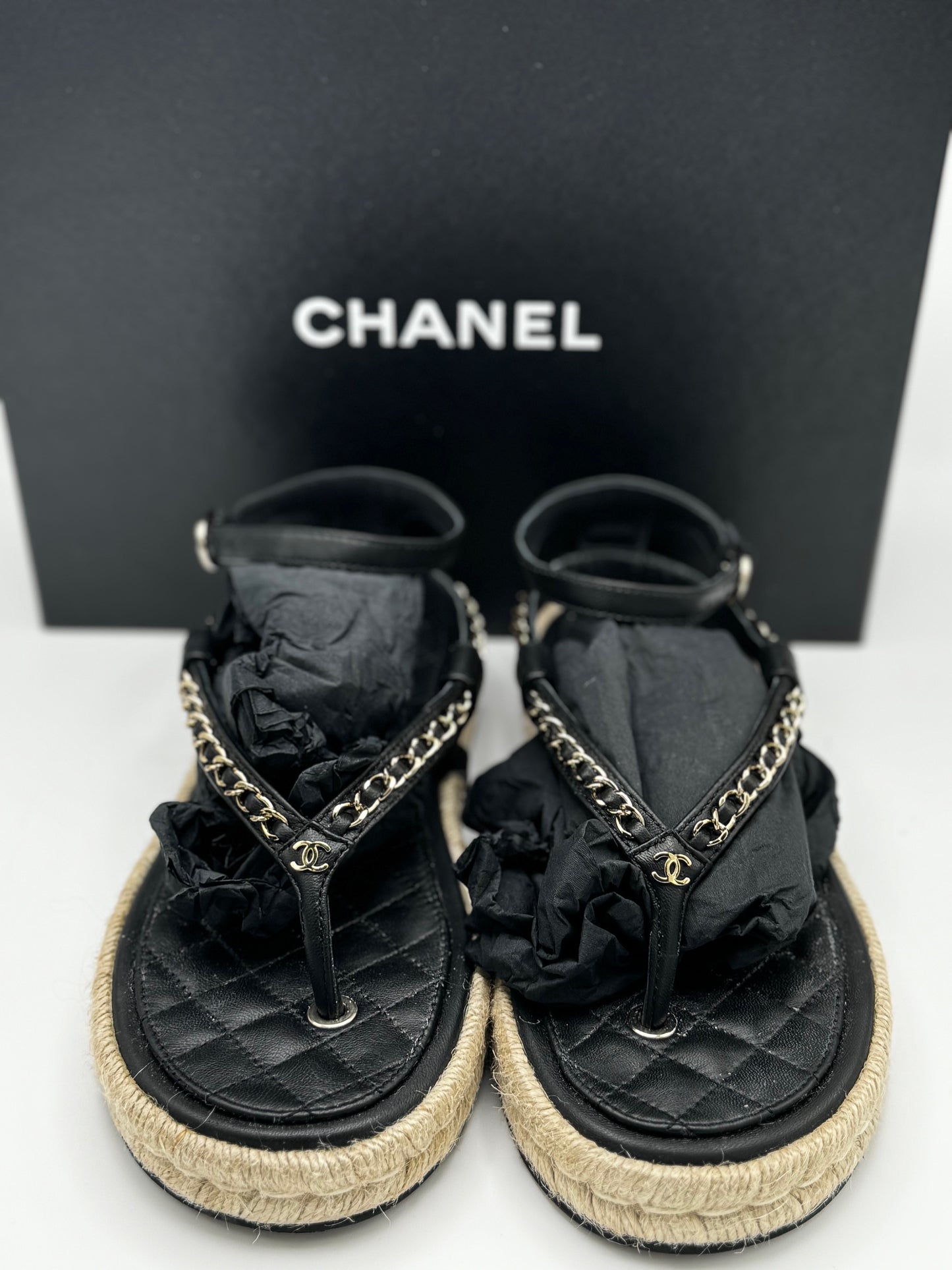 Chanel Black Leather Chain Link CC ankle strap sandals size 40