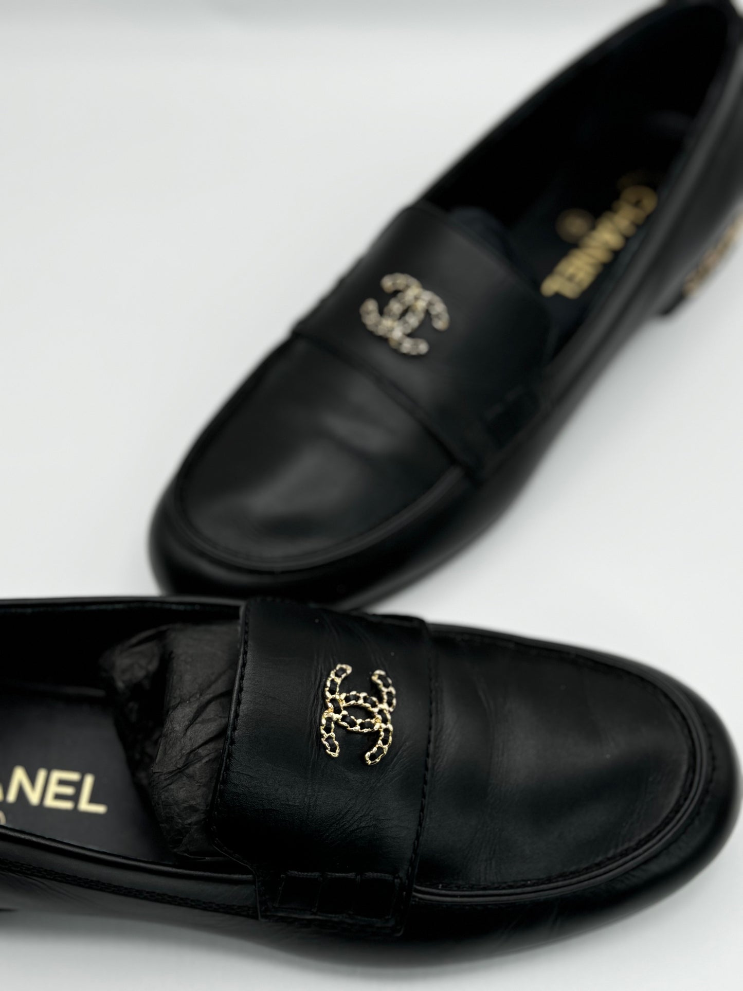 Chanel Calfskin CC Mocassin Loafers 40 Black