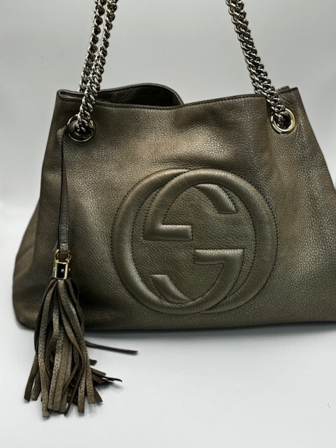 Gucci Metallic Pewter Pebbled Soho Chain tote shoulder bag