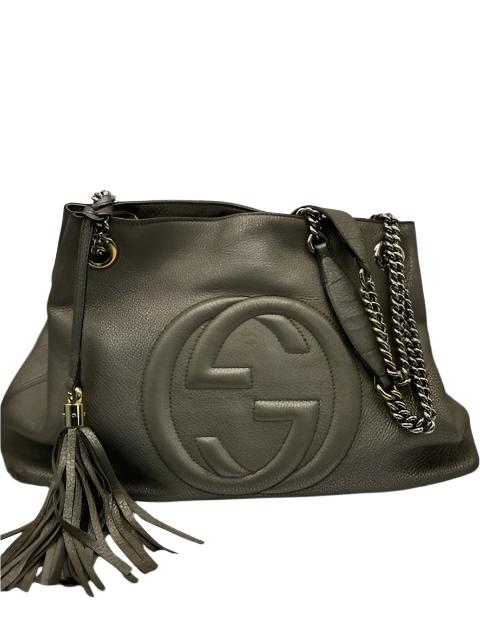 Gucci Metallic Pewter Pebbled Soho Chain tote shoulder bag