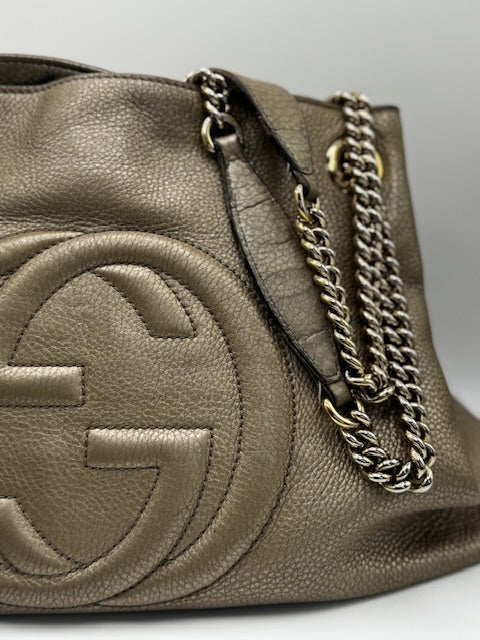 Gucci Metallic Pewter Pebbled Soho Chain tote shoulder bag