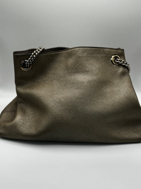 Gucci Metallic Pewter Pebbled Soho Chain tote shoulder bag