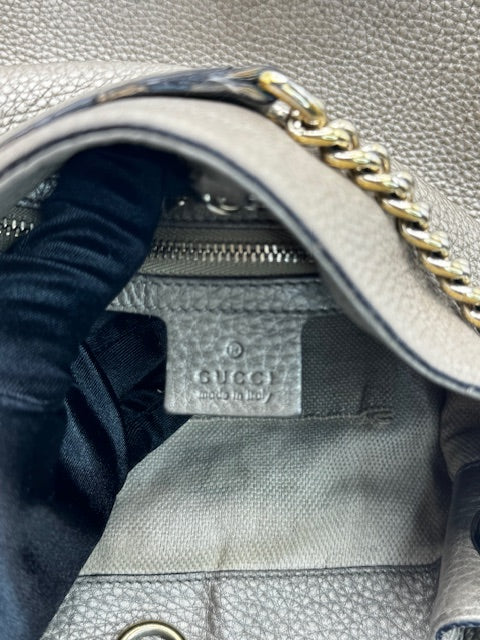 Gucci Metallic Pewter Pebbled Soho Chain tote shoulder bag