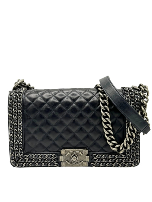 Chanel Glazed Calfskin Quilted Medium Boy Chained Flap Blue