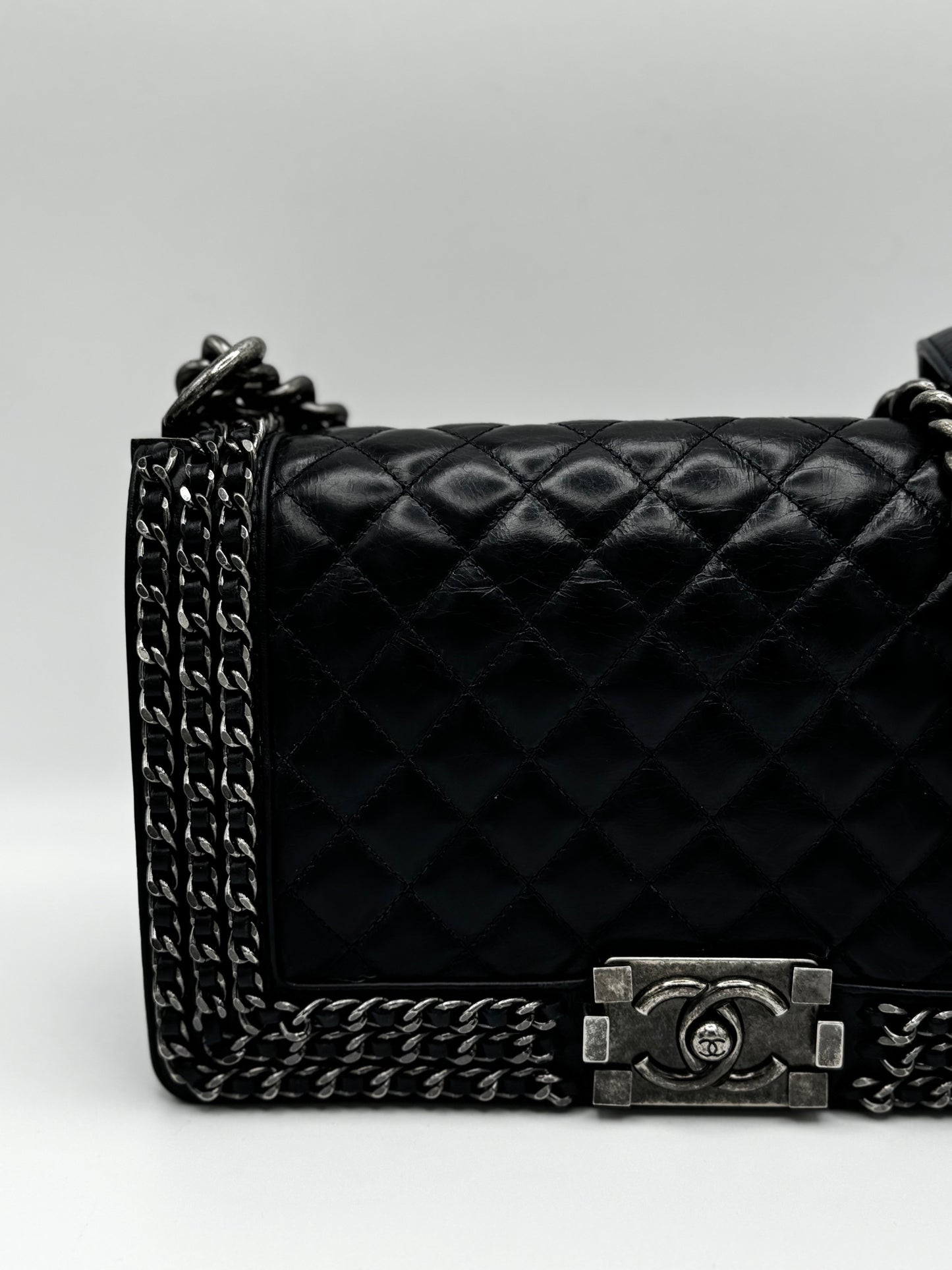 Chanel Glazed Calfskin Quilted Medium Boy Chained Flap Blue