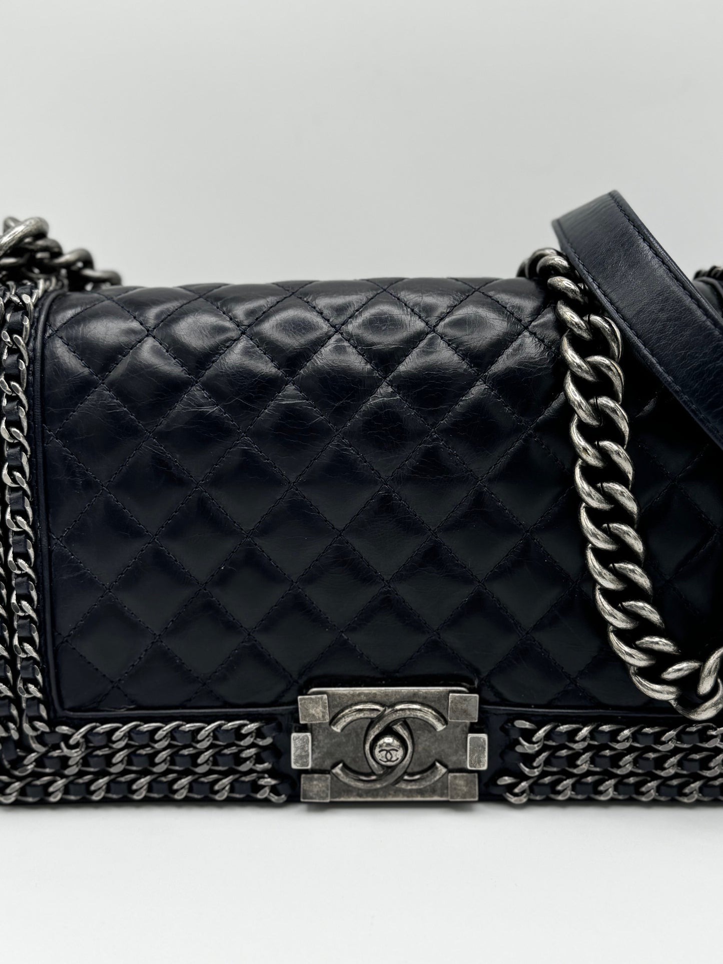 Chanel Glazed Calfskin Quilted Medium Boy Chained Flap Blue