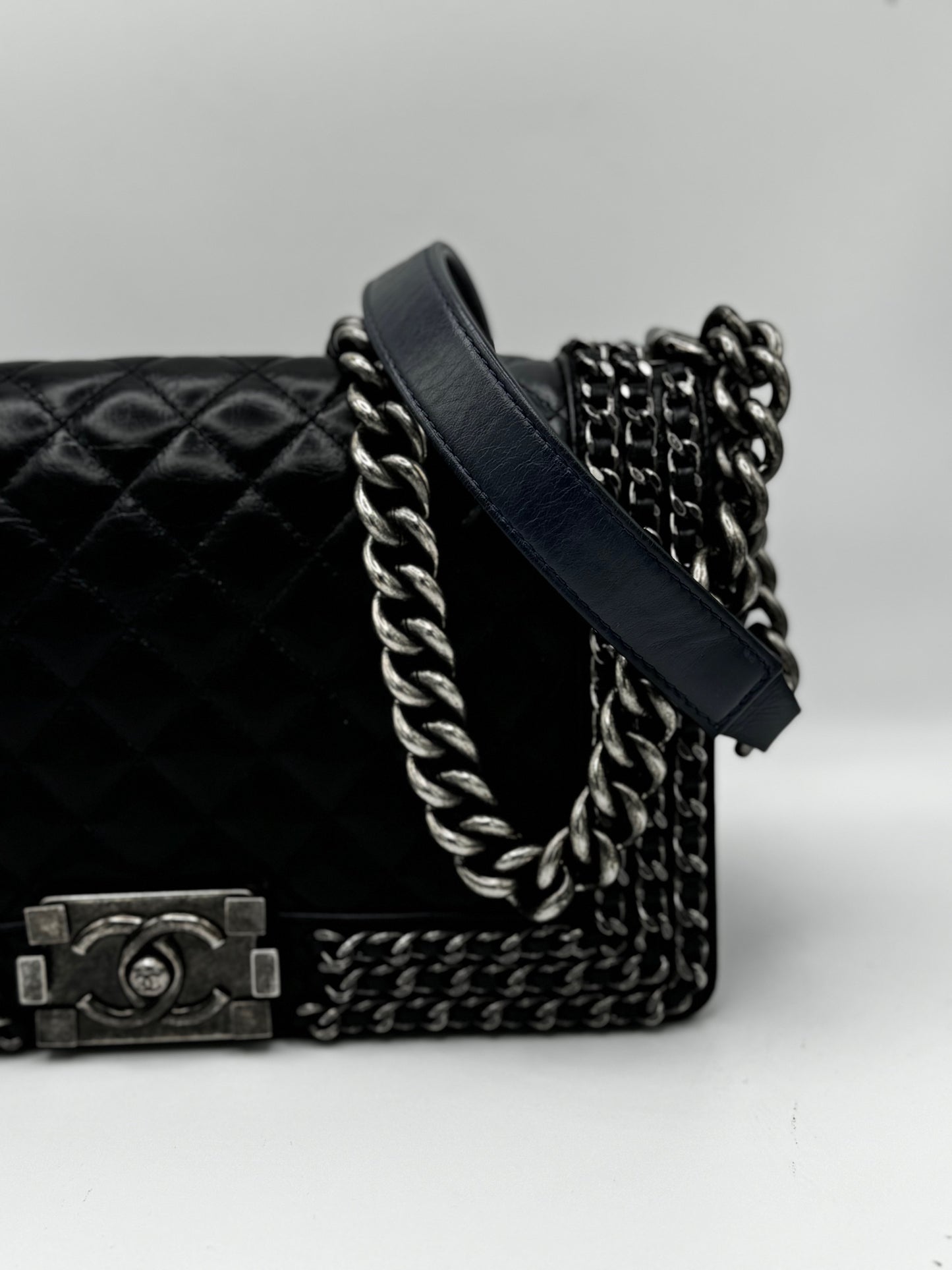 Chanel Glazed Calfskin Quilted Medium Boy Chained Flap Blue