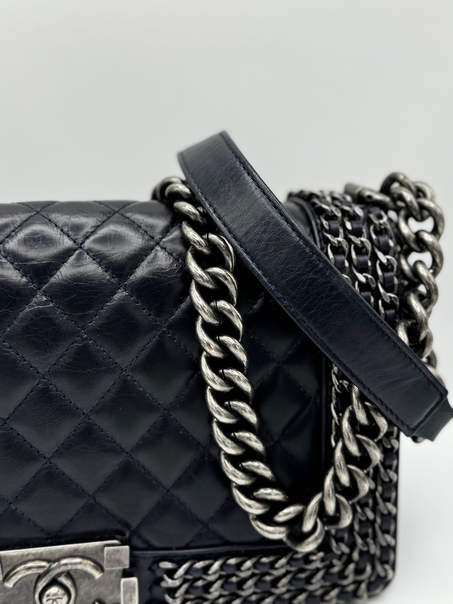 Chanel Glazed Calfskin Quilted Medium Boy Chained Flap Blue