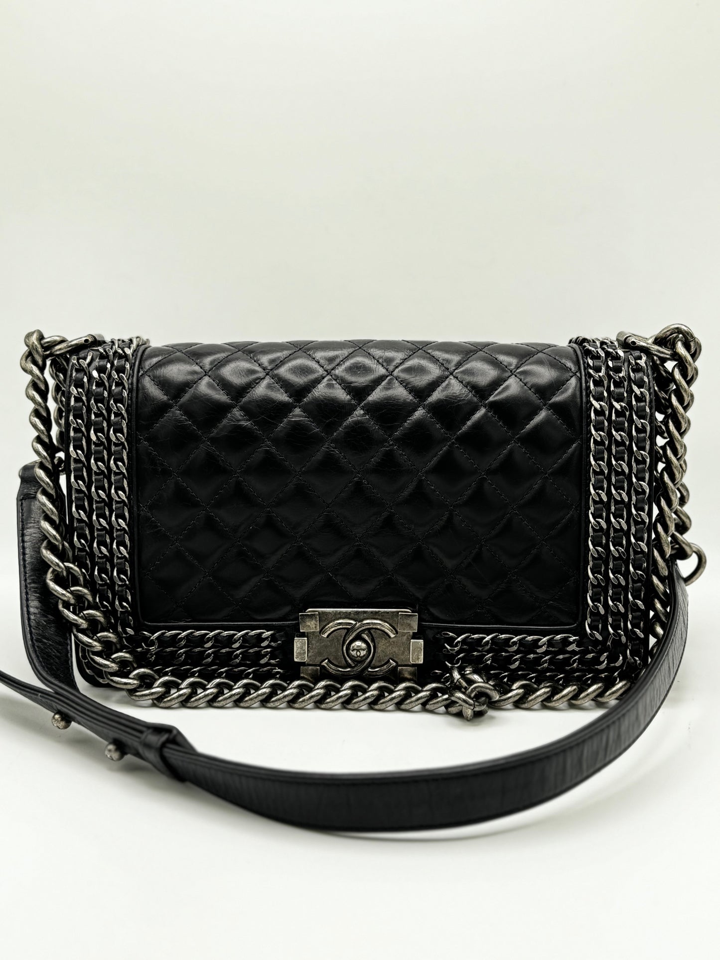 Chanel Glazed Calfskin Quilted Medium Boy Chained Flap Blue