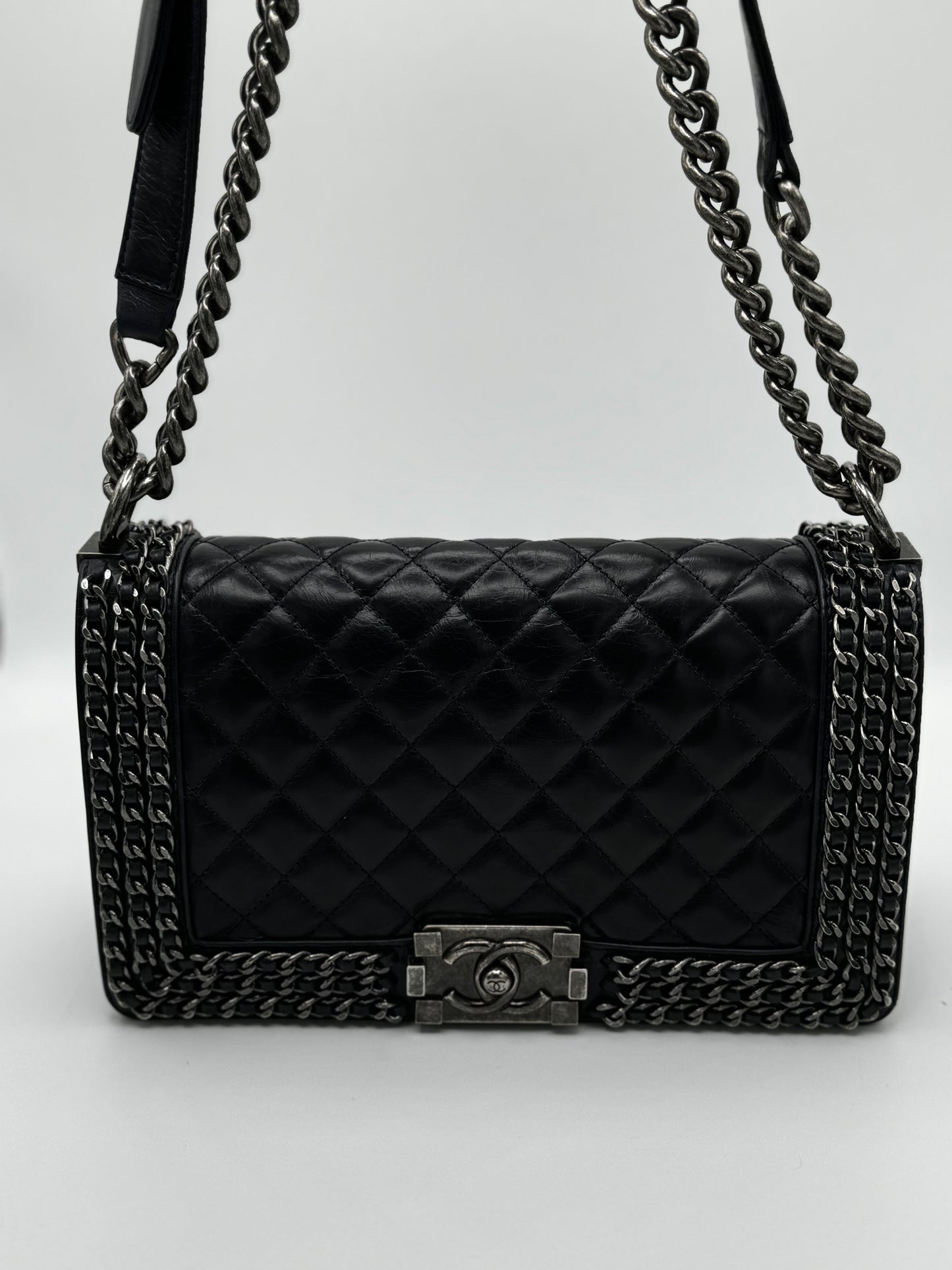 Chanel Glazed Calfskin Quilted Medium Boy Chained Flap Blue