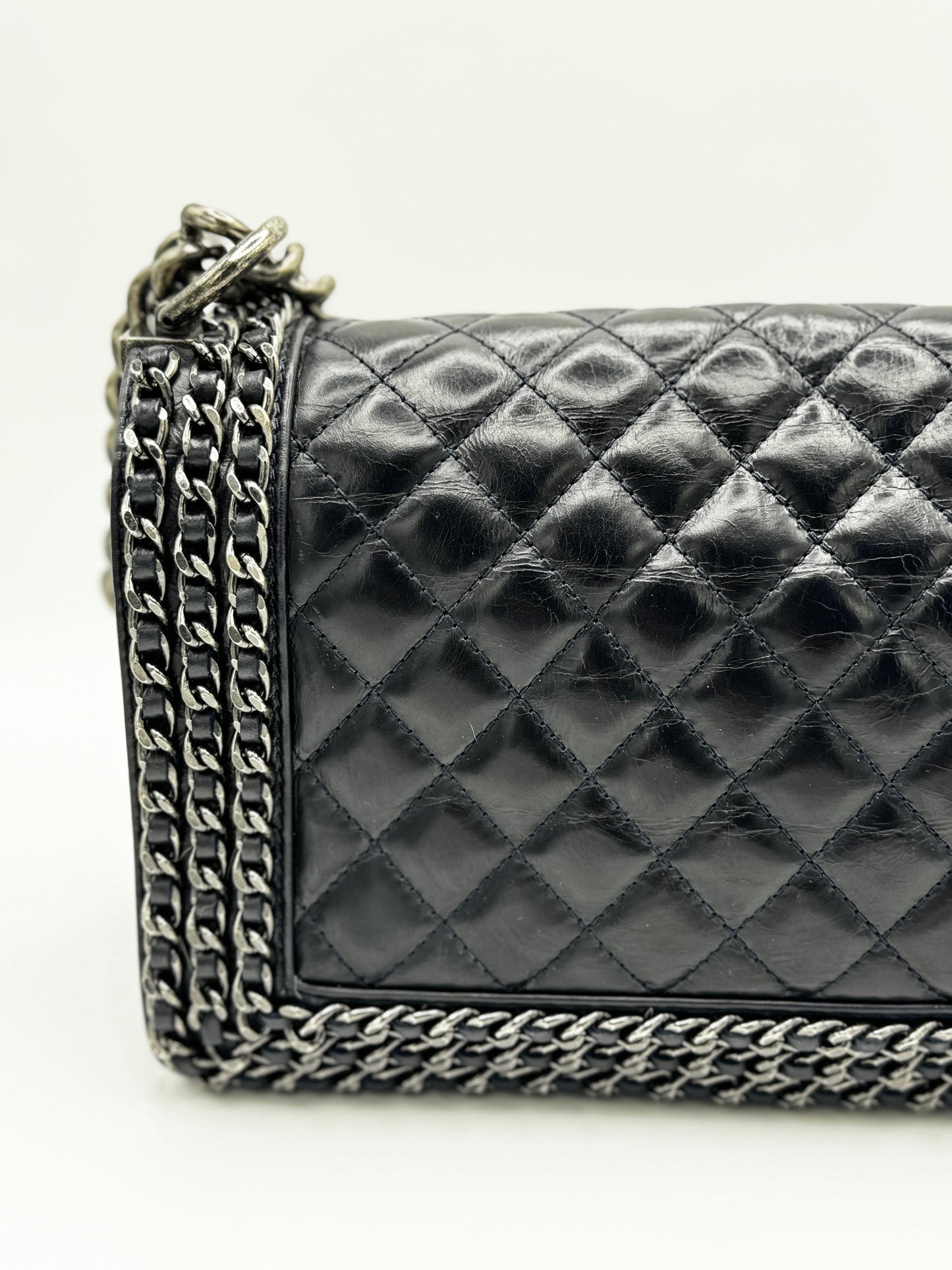 Chanel Glazed Calfskin Quilted Medium Boy Chained Flap Blue