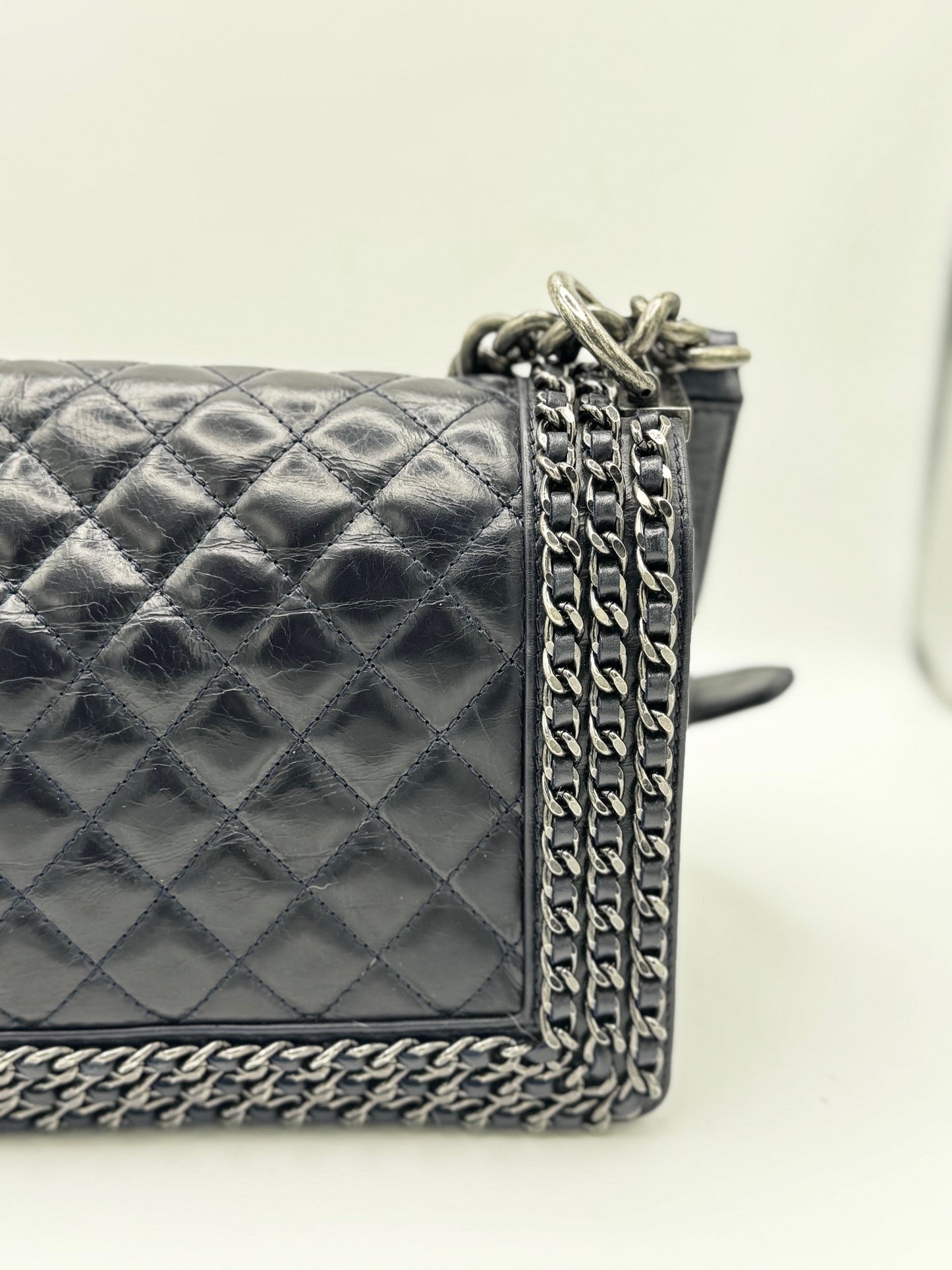 Chanel Glazed Calfskin Quilted Medium Boy Chained Flap Blue