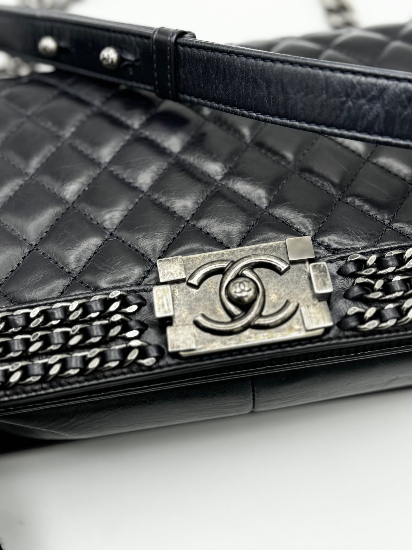 Chanel Glazed Calfskin Quilted Medium Boy Chained Flap Blue