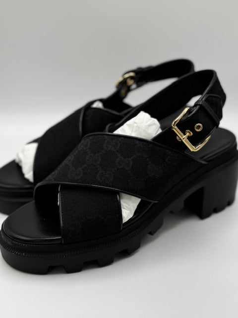 Gucci GG Supreme Lug Sole Slingback Sandals Black