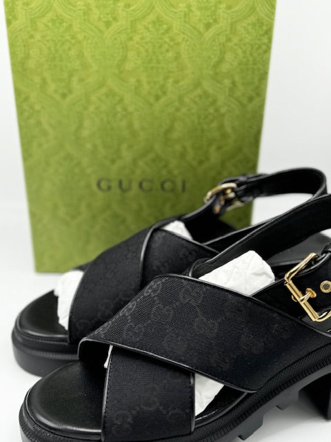 Gucci GG Supreme Lug Sole Slingback Sandals Black