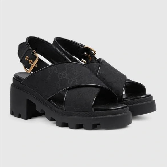 Gucci GG Supreme Lug Sole Slingback Sandals Black